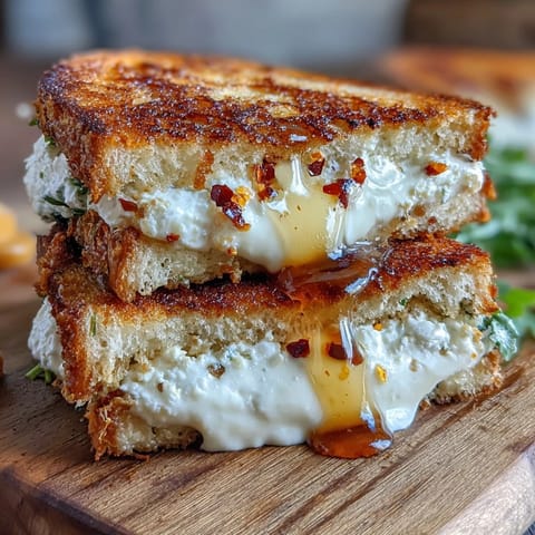 Buttery, crisp slices of goat cheese grilled cheese with honey and chili flakes rest on a white plate, garnished with fresh thyme.