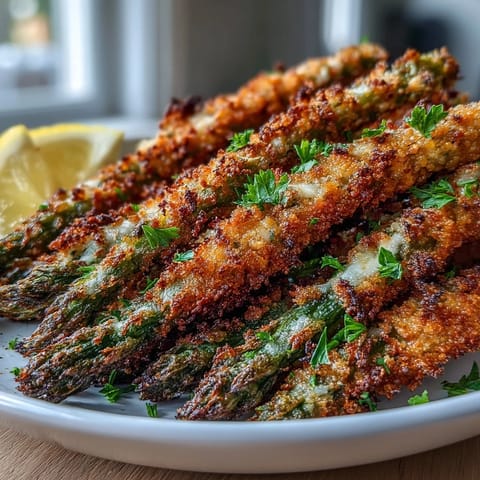 Asparagus spears coated in a crunchy panko and Asiago crust, served hot with lemon wedges on the side.