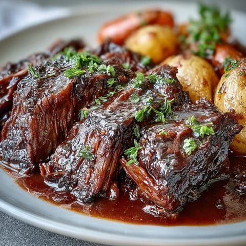 Hearty beef pot roast served on a platter with herbs, ready to be enjoyed as a comforting family dinner.