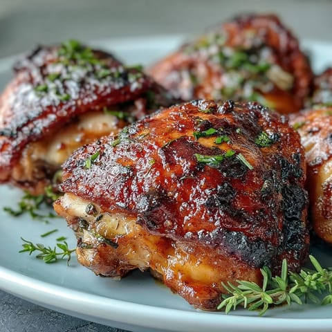 Crispy Baked Bone-In Chicken Thighs with crackling golden skin and juicy dark meat, served with lemon wedges.
