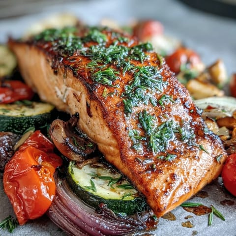 Golden-brown roasted salmon fillets share a sheet pan with caramelized red onion, carrots, and bell peppers for Sheet Pan Salmon and Veggies Bowl.