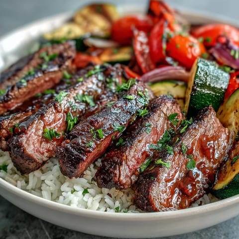 Juicy grilled steak slices and vibrant roasted vegetables sit atop fluffy rice in a finished Sheet Pan Steak and Veggie Bowl.