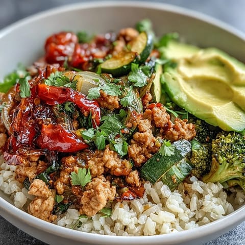 A close-up view shows a wholesome Ground Turkey Bowl with tender zucchini, bell peppers, and a hearty grain base, garnished generously with fresh cilantro.
