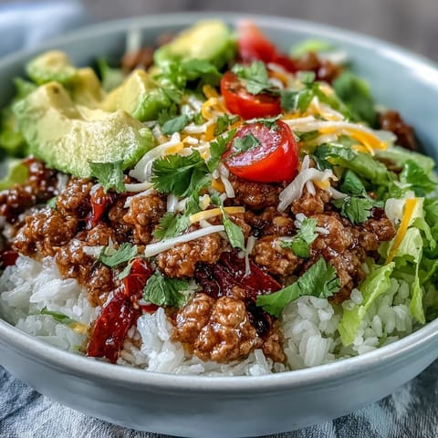 Hearty turkey taco bowl topped with sour cream, shredded lettuce, and vibrant diced tomatoes and avocado.