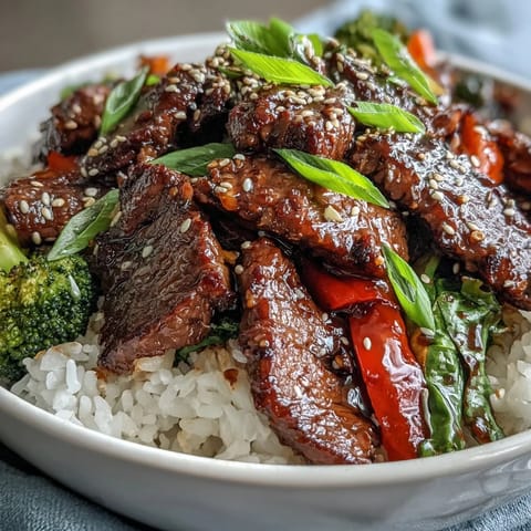 Glazed teriyaki beef bowl with crisp vegetables and fluffy rice, topped with sesame seeds and green onions.