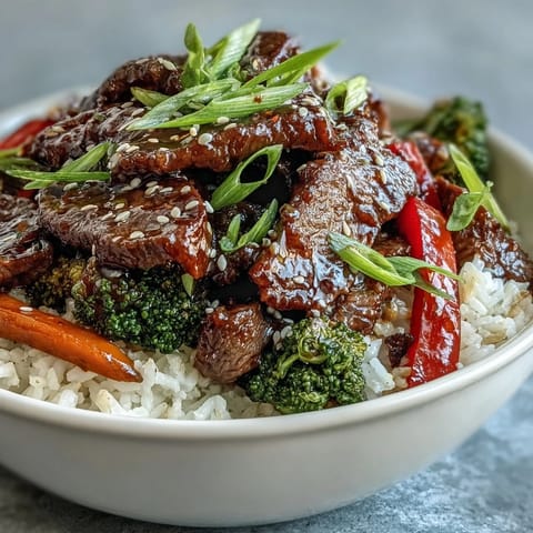 A steaming bowl of easy homemade teriyaki beef served over fluffy rice with sautéed broccoli and peppers.