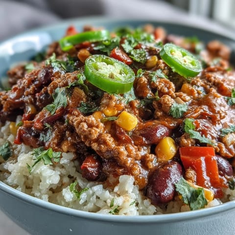 Chili Bowl Base ladled over fluffy white rice, topped with sour cream and avocado.