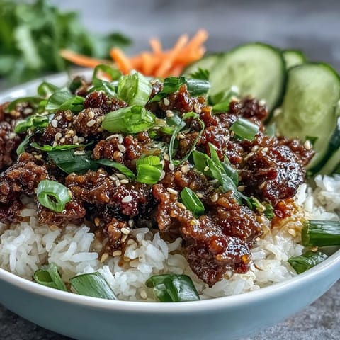Close-up of a Korean Ground Beef Bowl with savory beef, fluffy rice, and vibrant pickled carrots, cucumbers, and radishes topped with sesame seeds.