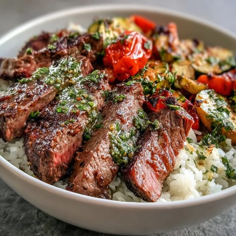 Savory grilled steak and caramelized roasted vegetables fill a bowl with fluffy rice, finished with a spicy homemade chimichurri sauce in this delicious Grilled Steak Bowl.