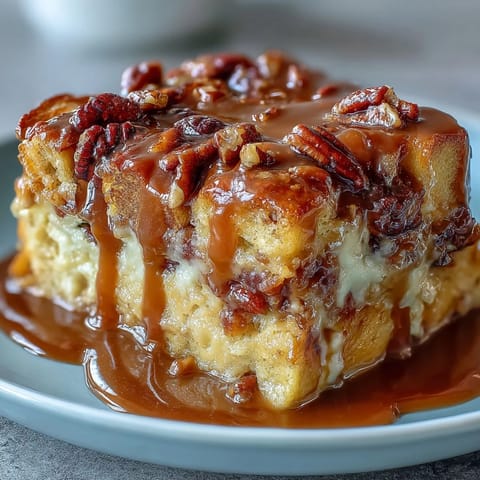 Warm Guava Caramel Bread Pudding with Pecans is baked golden and served with a sweet caramel drizzle.