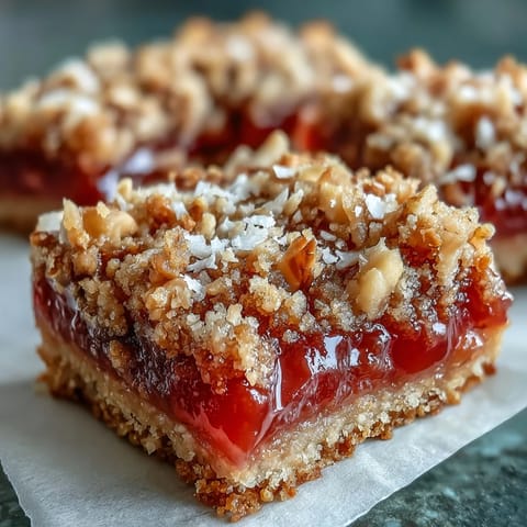 Freshly baked Guava Jam Bars with coconut macadamia oat crumble cooling on a wire rack.