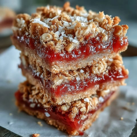 Golden Guava Jam Bars stacked on a plate, revealing layers of jam and nutty crumble.