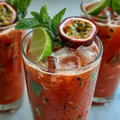 DIY Iced Guava Passionfruit Drink poured over ice cubes in a tall glass, garnished with fresh mint and a lime wedge for a tropical refreshment.