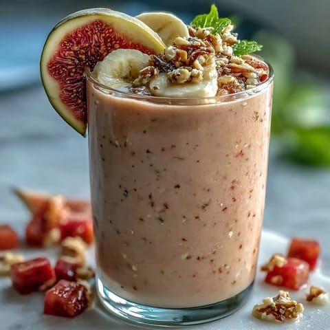 Creamy Guava Banana Smoothie in a glass, topped with fresh guava slices, blending tropical sweetness for a refreshing breakfast.