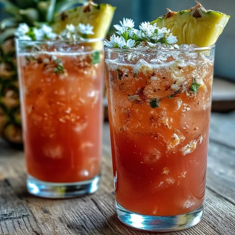 Close-up of a tall glass of homemade Iced Guava Passionfruit Drink filled with ice, featuring a creamy peach-pink hue from guava nectar and passionfruit juice.