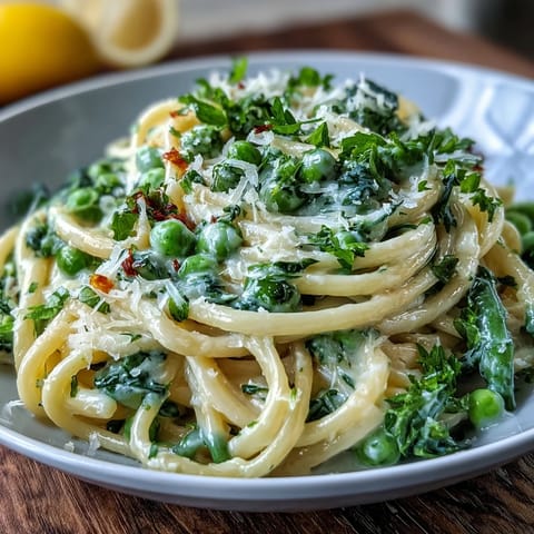 Vibrant bowl of lemon butter pasta with peas and Parmesan, creamy sauce glistening over linguine noodles.