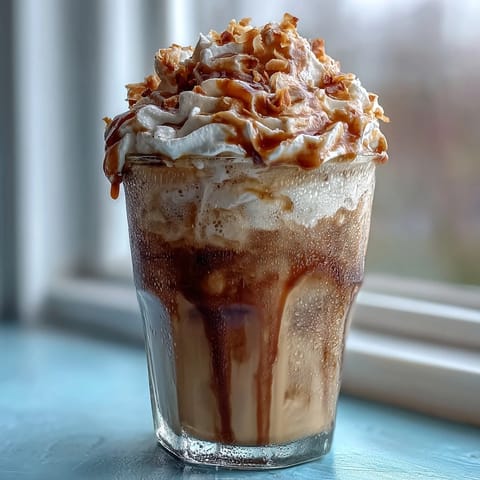 A creamy iced vanilla bean frappuccino with frothy toasted coconut foam, perfect for cooling off on a hot day.