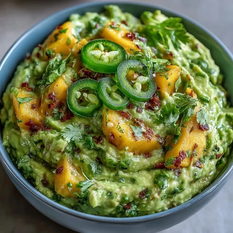 Creamy guacamole with ripe mango and spicy jalapeño, perfect for Cinco de Mayo celebrations or festive snacking.