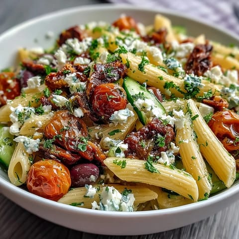 Greek pasta salad with olives and feta, vibrant with fresh veggies and tangy dressing, perfect for summer gatherings.