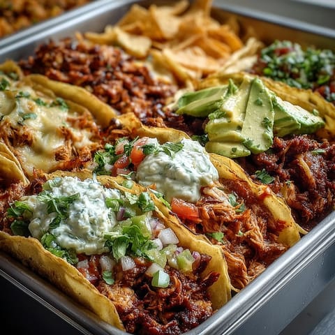 Festive Cinco de Mayo taco bar spread with sizzling chicken, beef, and beans alongside fresh toppings and warm tortillas.  
