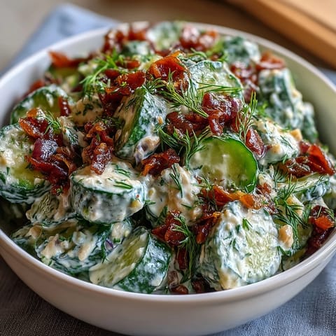 A bowl of Creamy Cucumber Salad with Dill and Greek Yogurt, featuring thinly sliced cucumbers in a smooth, herb-infused dressing.