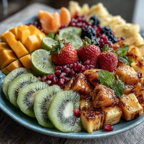 Tropical Mango and Pineapple Display: Vibrant platter of sliced mango, pineapple spears, kiwi, papaya, and berries with mint garnish for a fresh, colorful centerpiece.