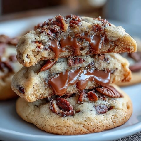 Decadent butter pecan cookies with caramel swirl, featuring rich buttery dough and crunchy toasted pecans.  