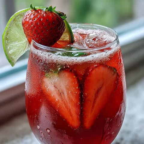 Vibrant strawberry agua fresca with fresh strawberries, lime juice, and a hint of sweetness, served over ice with mint garnish.
