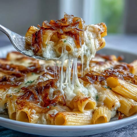 Golden French onion pasta bake with caramelized onions, rigatoni, and melted Gruyère in a creamy sauce.