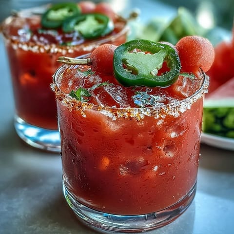 A refreshing Cinco de Mayo Watermelon Jalapeño Margarita Mocktail with juicy watermelon and a hint of spice, served over ice with a salted rim.