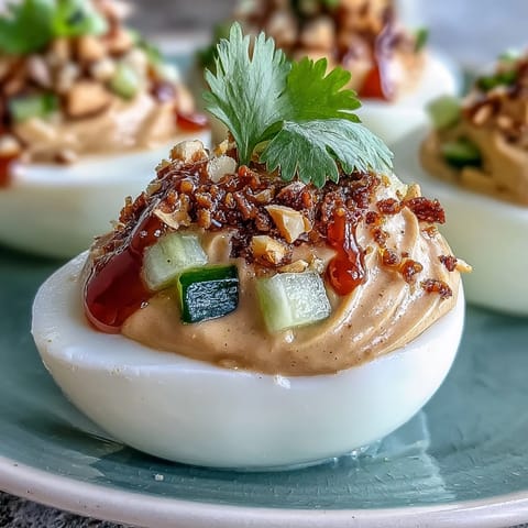 Thai Peanut Deviled Eggs with Cucumber Relish: creamy, spicy eggs topped with crunchy cucumber relish and crushed peanuts for a fresh, bold appetizer.