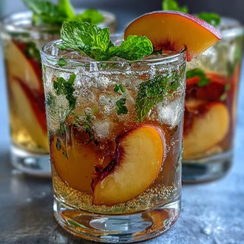 Refreshing iced peach green tea lemonade in a tall glass with peach slices and mint garnish.  