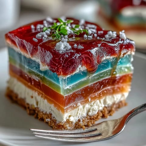 Vibrant rainbow jelly cake with agar-agar layers and creamy coconut topping, perfect for colorful summer parties.