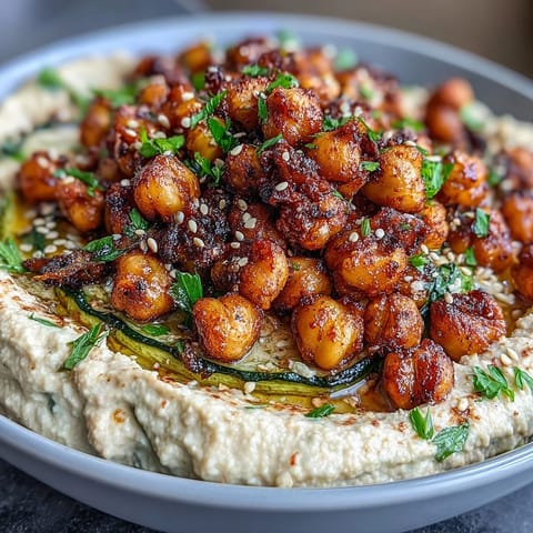Crispy Chickpea Bowls with roasted spiced chickpeas and grilled vegetables in a vibrant hummus base.  