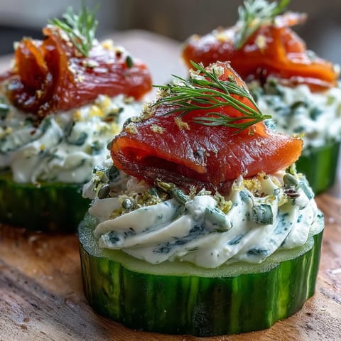 Smoked salmon cucumber bites with herbed cream cheese and fresh dill on crisp cucumber rounds. Elegant, healthy appetizer perfect for brunch or parties.