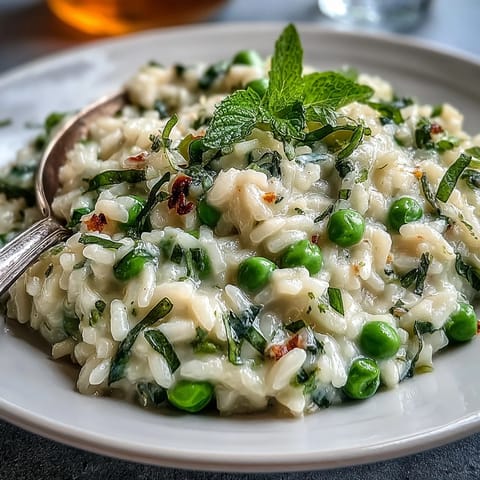 Creamy Spring Pea Risotto with fresh mint, Parmesan, and lemon zest in a skillet.