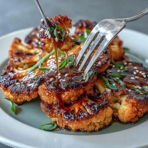 Thick cauliflower slices caramelized in the oven and drizzled with a sweet-savory teriyaki glaze, garnished with sesame seeds and scallions.  