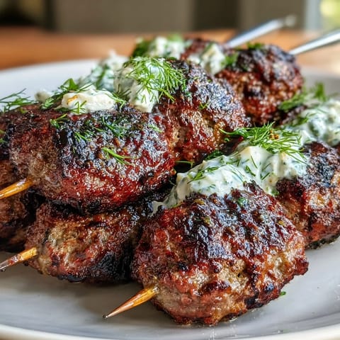 Juicy lamb kofta skewers with fragrant spices and fresh herbs, grilled to perfection and served with creamy tzatziki sauce.