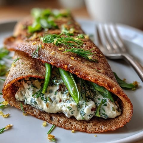 Golden buckwheat crepes stuffed with seasonal vegetables and tangy goat cheese, ideal for an elegant brunch.  