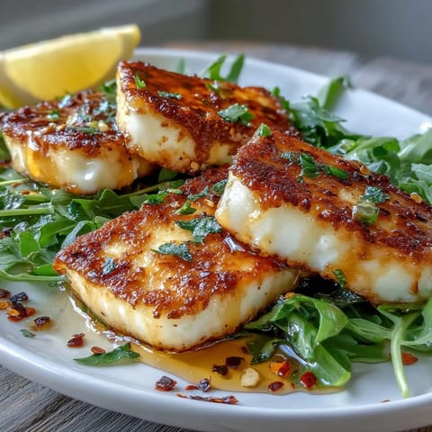 Crispy halloumi slices topped with chili-infused honey and served on a bed of peppery arugula greens.  