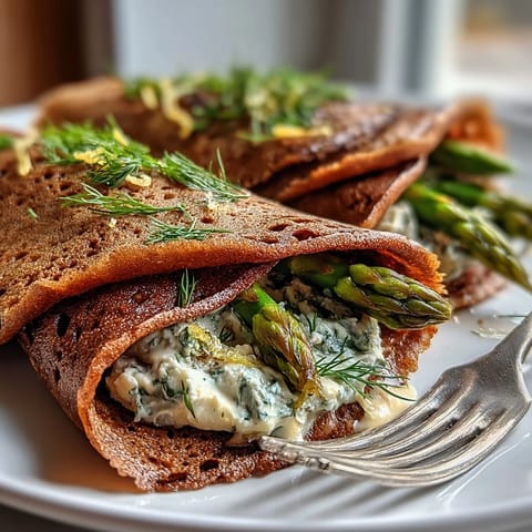 Spring buckwheat crepes filled with fresh spring vegetables and creamy herbed cheese, perfect for a light lunch.  