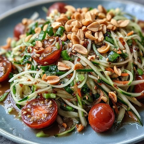 Vibrant Thai Papaya Salad with Peanuts, bright lime dressing and juicy tomatoes.