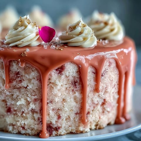 Blush-pink Rosé Velvet Cake with shimmering gold drip, moist and creamy.