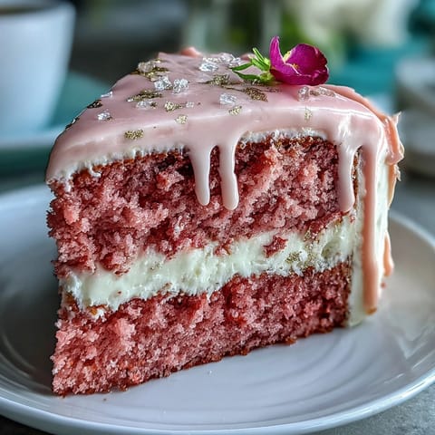 Elegant Bridal Shower Rosé Velvet Cake with gleaming gold drip.