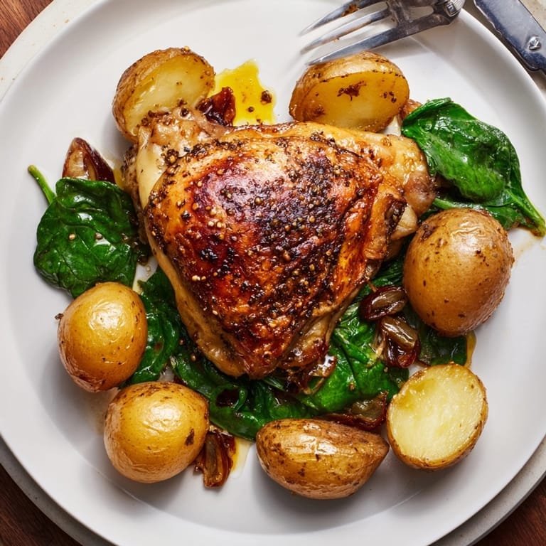 Sizzling Pan-Roasted Chicken with Zaatar, Potatoes, and Greens, a colorful one-pan gluten-free delight.