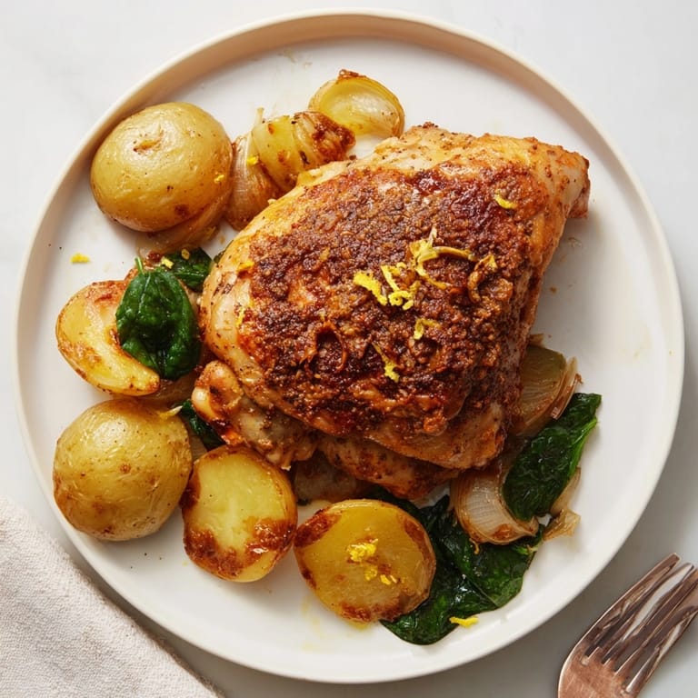 Tangy lemon complements savory Pan-Roasted Chicken with Zaatar, Potatoes, and Greens; enjoy every bite.