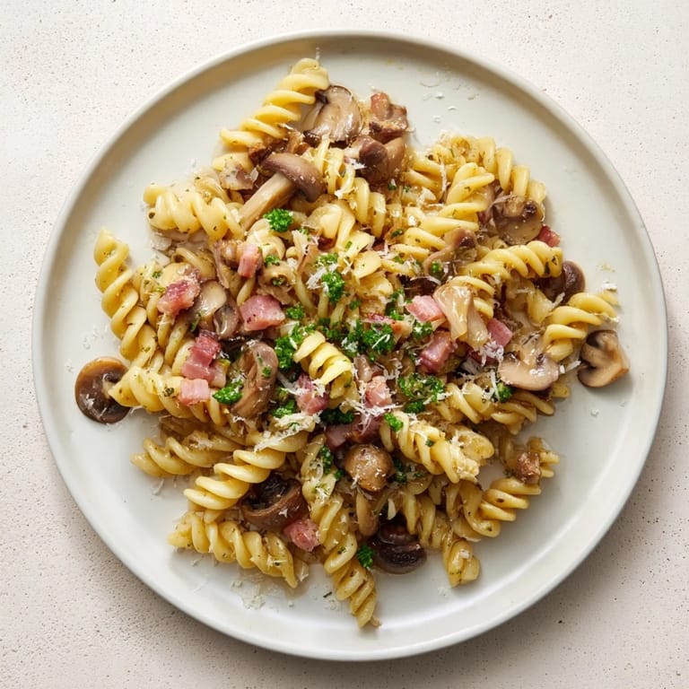 A steaming bowl of fusilli with bacon, onions, and mushrooms, garnished with fresh parsley for a flavorful meal.