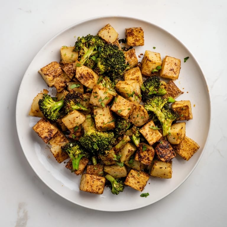 A close-up of roasted, vibrant Roasted Lemon Potatoes and Broccoli, garnished with fresh parsley and lemon.