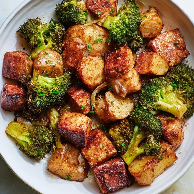 Steam rising from the perfectly roasted Roasted Lemon Potatoes and Broccoli with a delightful Mediterranean aroma.