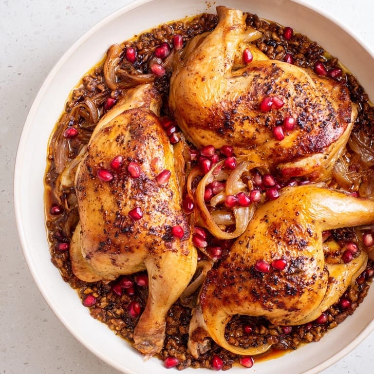 This delicious, slow-cooked Fesenjan features chicken thighs braised in a flavorful pomegranate-walnut sauce.